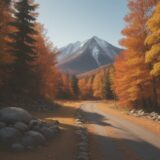 【地図とコンパス】東の方位を確認する | 紅葉の季節に山道を歩く をイメージした 広角の風景、秋、山、登山道、ハイキング の写真