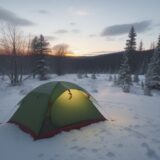 【キャンプ】秋の冷え込む夜の備え | 焚き火と寝袋で体温を維持する をイメージした 広角の風景、秋 の写真