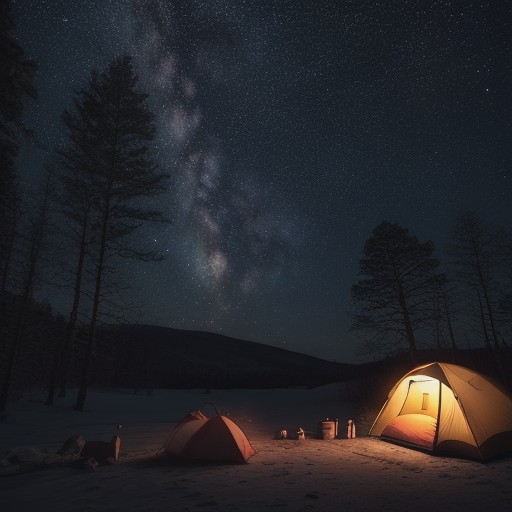 【キャンプ場】視界が開ける場所で過ごす夜 | 空に広がる星空を眺める をイメージした 広角の風景 の写真