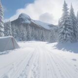 【雪山】スキーで冬のコースを滑り降りる | 山頂から眺める景色の変化 をイメージした 広角の風景、山、雪景色、冬 の写真