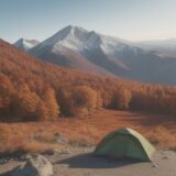 【登山】紅葉が見頃を迎えるベストシーズンの時期 | 山頂から見る景色とルート をイメージした 広角の風景、ハイキング、秋、山頂 の写真