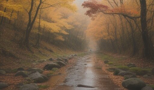 【防水ジャケット】雨の中を歩く秋の登山道 | 撥水加工の効果と選び方