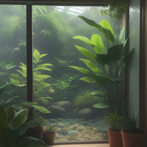 【熱帯魚】室内の窓際に置いた水槽 | 水草の緑と泳ぐ魚たちが作る光景 をイメージした 広角の風景 の写真