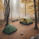 【キャンプ場】森の中のサイト探し | 秋の紅葉と焚き火の時間 をイメージした 広角の風景、森、秋 の写真