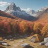【登山杖】軽量モデルで足取りを軽くする | 紅葉が色づく山道を歩く をイメージした 広角の風景、ハイキング、秋、山、登山道 の写真
