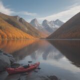 【カヤック】湖の水面を漕ぎ進む | 秋の山々と紅葉を巡るルート案内 をイメージした 広角の風景、湖、山、秋、秋 の写真
