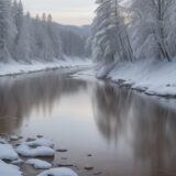 【低体温症】冬の川釣りで起きる水温低下 | 体温を守る服装と対策 をイメージした 広角の風景、冬、川 の写真