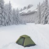 【冬山装備】保温靴で足先の冷えを抑える | 雪の積もる山道を歩く準備 をイメージした 広角の風景、山、冬、登山道、雪景色、ハイキング の写真