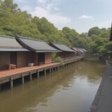 【柳川料理】地元で評判の店で食べる川魚 | 水路沿いの風景と旬の味覚 をイメージした 広角の風景、川 の写真