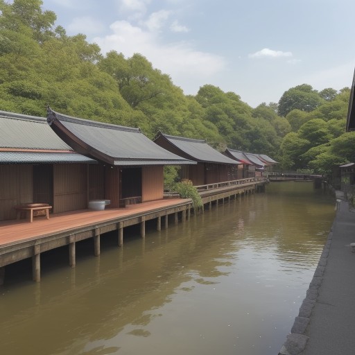【柳川料理】地元で評判の店で食べる川魚 | 水路沿いの風景と旬の味覚 をイメージした 広角の風景、川 の写真