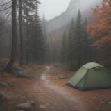 【ハイキングジャケット】撥水と防水の違い | 秋の雨が降る山道を歩く をイメージした 広角の風景、ハイキング、秋、山、登山道 の写真