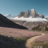 【山の植物】春の登山道 | 山歩きで見つける花の種類と見頃の時期 をイメージした 広角の風景、山、登山道、ハイキング、春、山頂 の写真