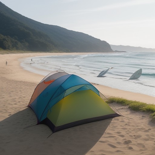 【マリンスポーツ用品】サーフィンの道具選び | 夏の海で波に乗る準備 をイメージした 広角の風景、夏 の写真