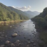 【川釣り】気温と湿度の予報 | 川辺の天気を確認して出かける日を決める をイメージした 広角の風景、川、川 の写真
