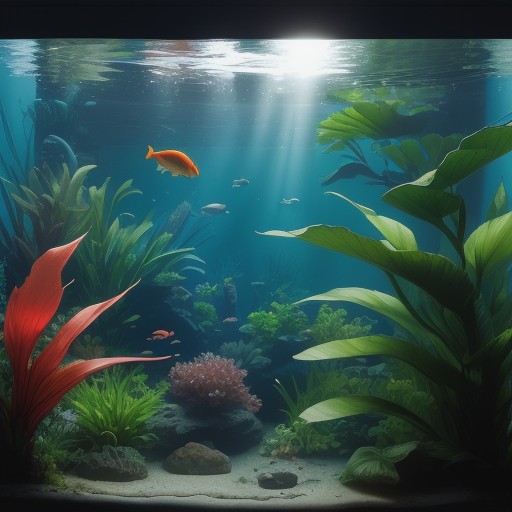 【熱帯魚】室内の窓際に置いた水槽 | 水草の緑と泳ぐ魚たちが作る光景 をイメージした 夏 の写真