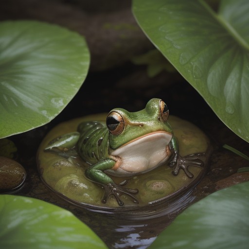 【カエル】水生植物に隠れる姿を観察 | 夏の水辺で見つけた生き物たち をイメージした 夏 の写真