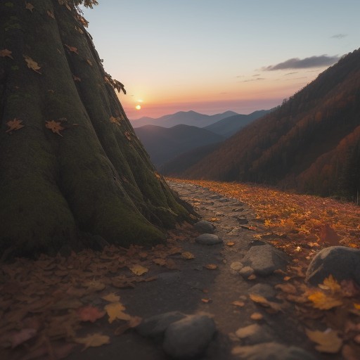 【登山ルート】地図を確認しながら歩く道 | 山頂へ向かって進む秋の景色 をイメージした 秋、ハイキング、登山道、夕日 の写真