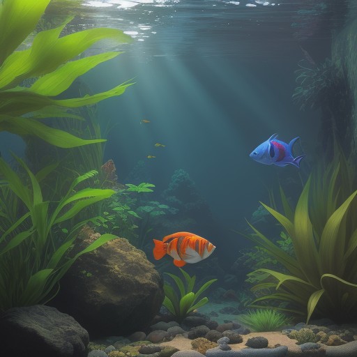 【熱帯魚】室内の窓際に置いた水槽 | 水草の緑と泳ぐ魚たちが作る光景 をイメージした 夏 の写真